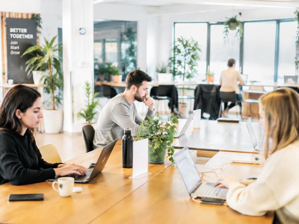 Professionals working in a bright coworking space