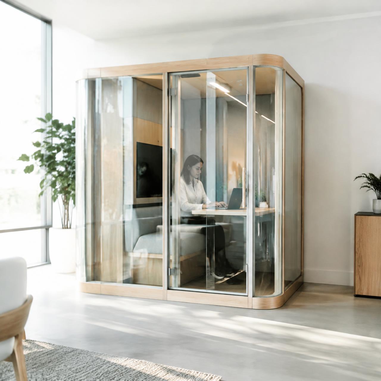 Professional working inside a private glass pod office