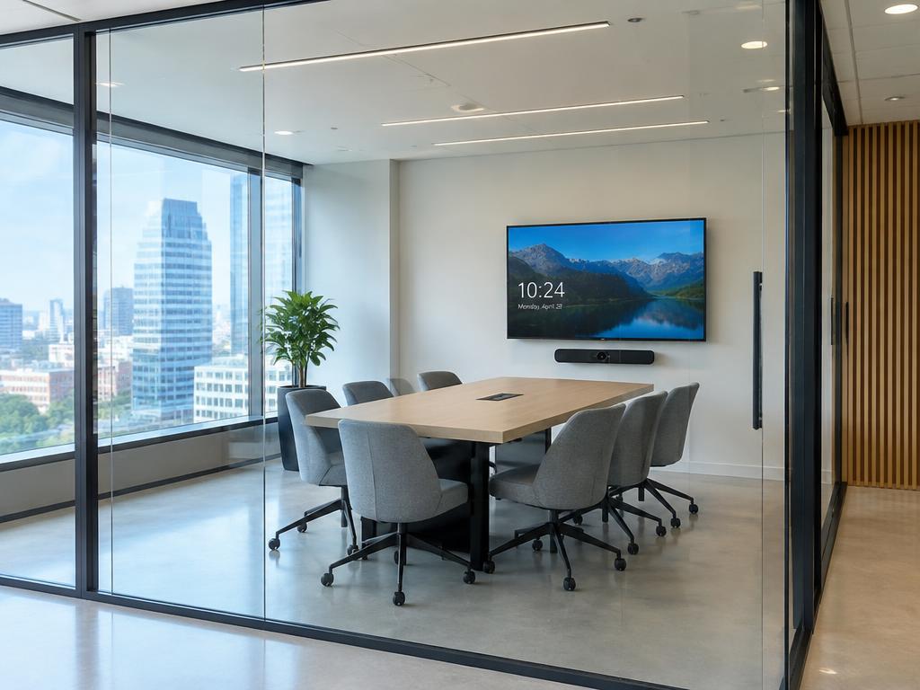 Glass-walled meeting room with table and screen