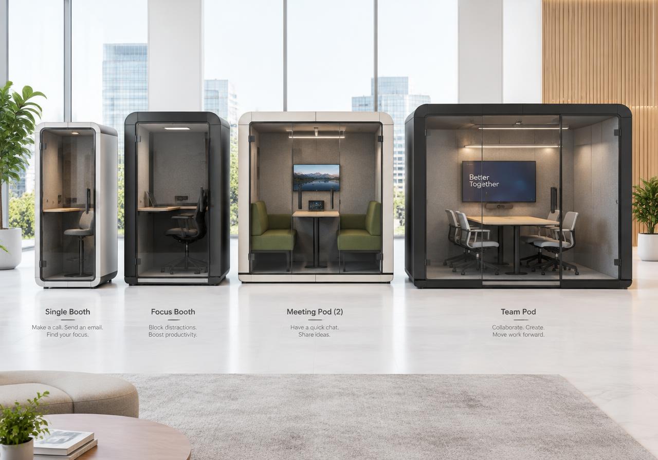 Four pod office formats side by side: solo, focus, meeting and team pods